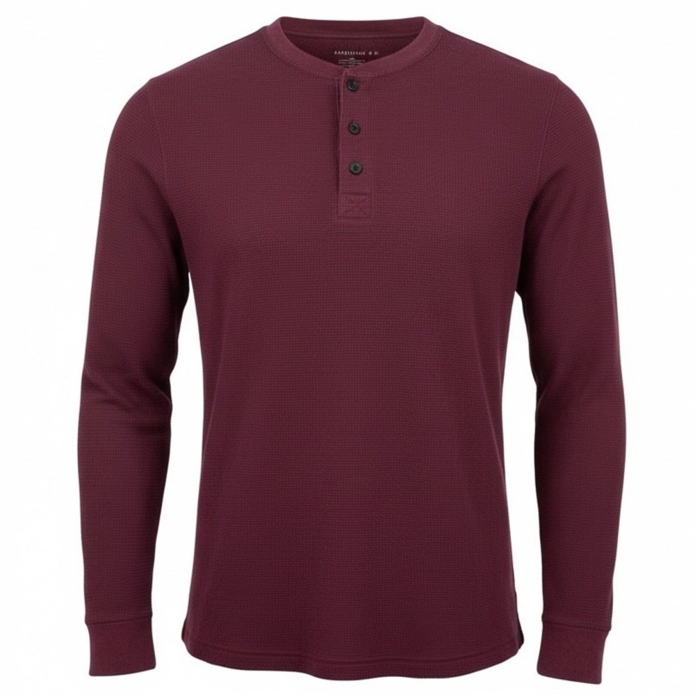 American Eagle Men's L Maroon Henley Long Sleeve Super Soft‎ Waffle Knit Shirt